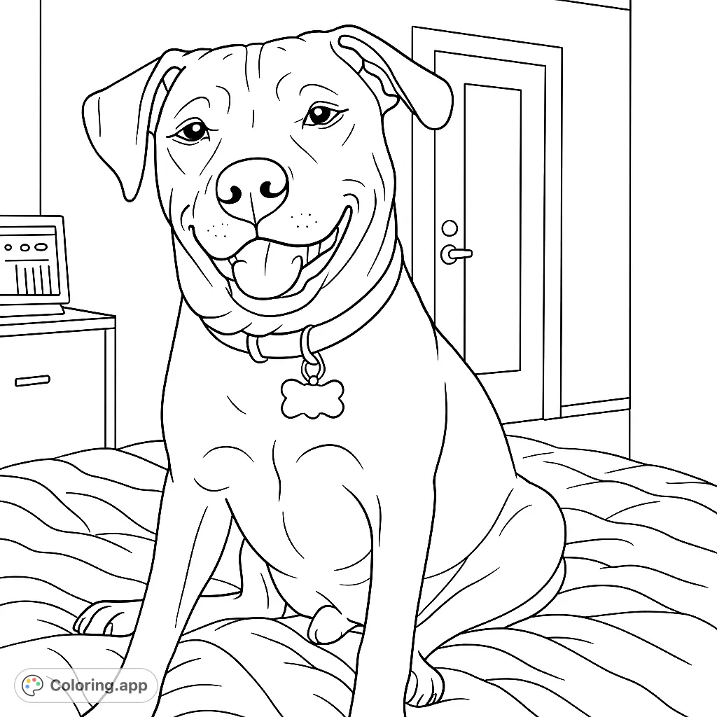 A cheerful dog with a bone tag smiles on a cozy bed, with a laptop and door in the background. A delightful dog coloring page for all ages!