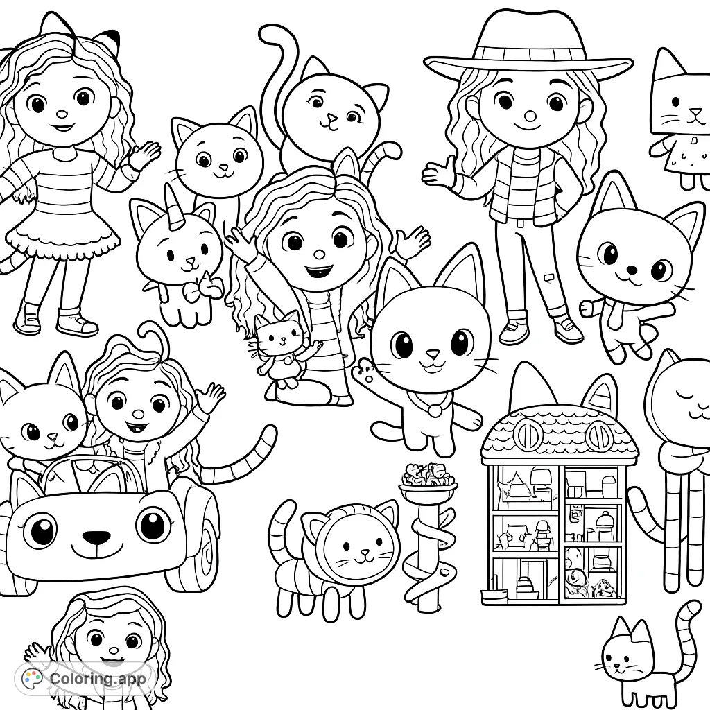 A delightful scene of girls and their cute cat friends, featuring playful poses, a cat car, and a dollhouse. Perfect for imaginative coloring fun!