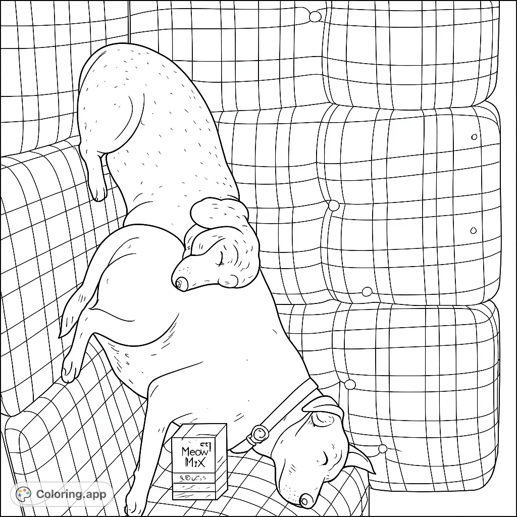 Two adorable dogs peacefully napping on a cozy plaid sofa, perfect for a relaxing coloring session. A sweet scene for pet lovers.