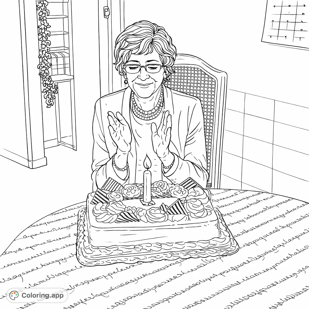 Celebrate a special moment with this heartwarming coloring page. Features a smiling woman, a festive cake with a candle, and charming details.