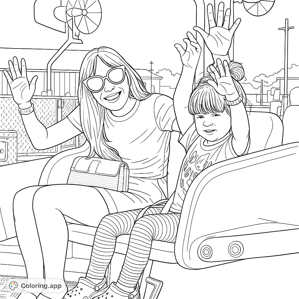A joyful mother and child on an amusement park ride, hands raised in excitement. Features detailed ride elements and playful patterns.
