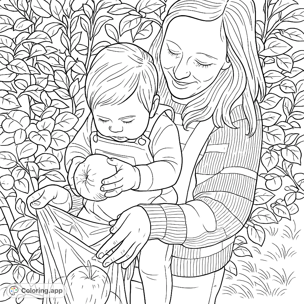A tender apple picking coloring page featuring a mother and baby, sharing a sweet moment with a freshly picked apple amidst an orchard.