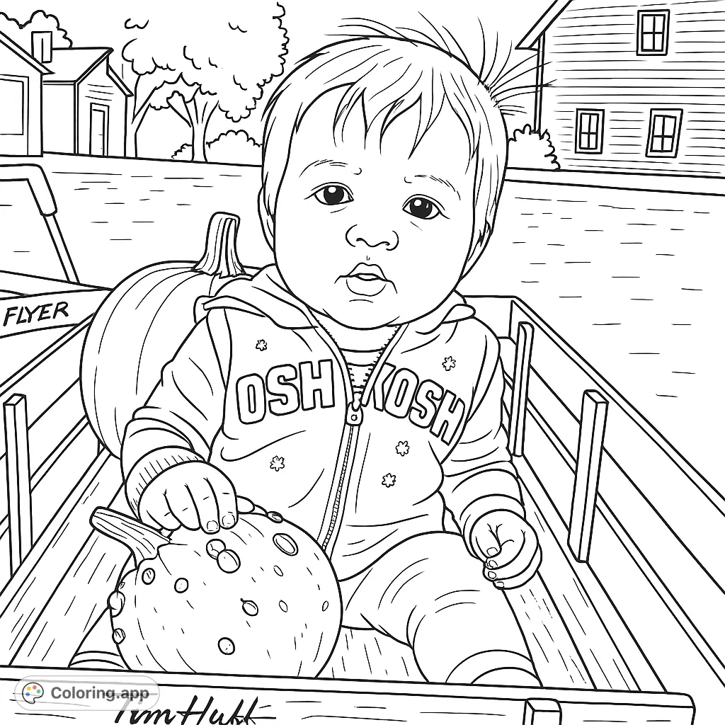 Adorable baby in a red wagon with pumpkins and gourds, set against a charming farm background. Perfect for fall fun and autumn coloring.