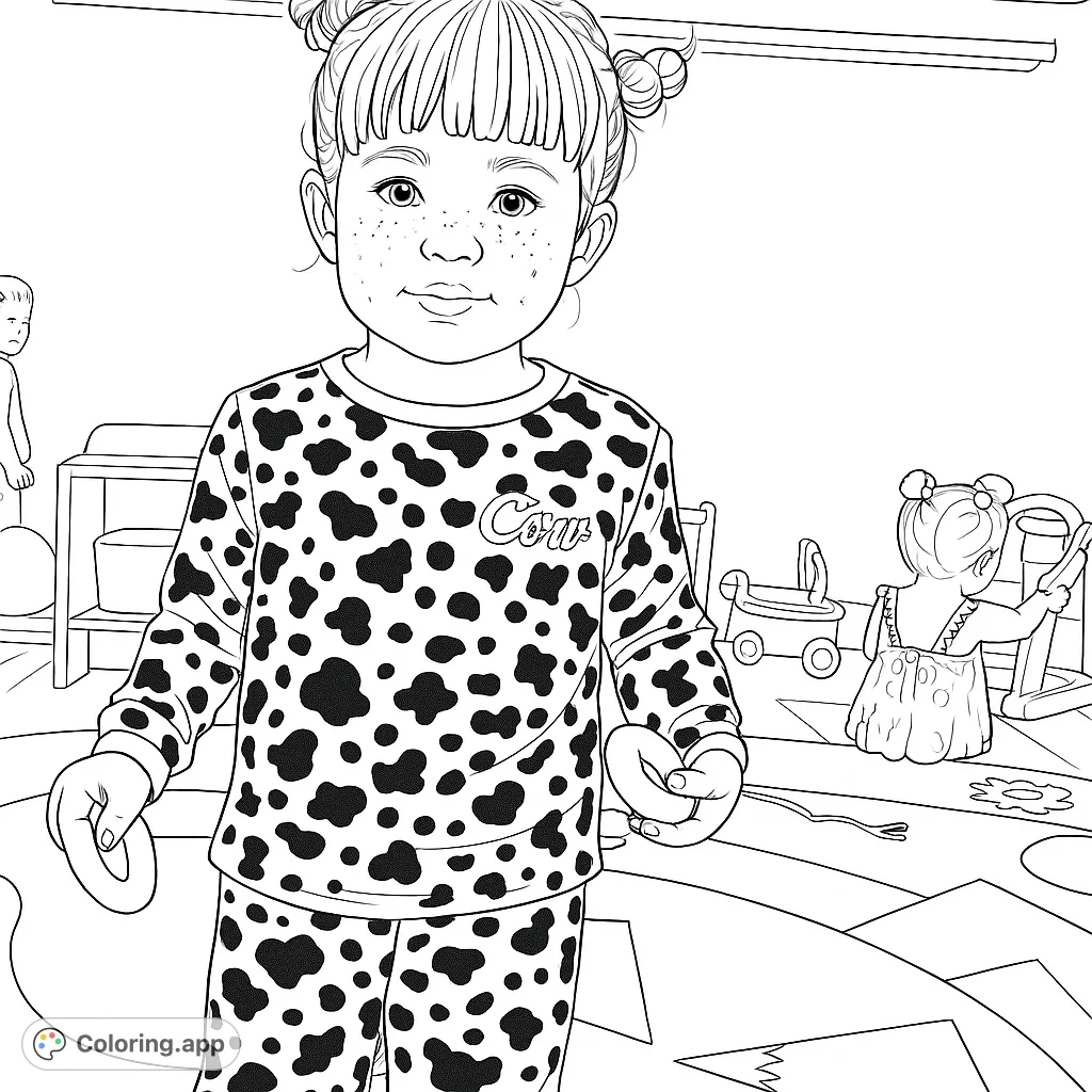 A delightful cow print pajamas coloring page featuring a happy child with hair buns and rings, standing on a vibrant geometric rug. Perfect for kids!