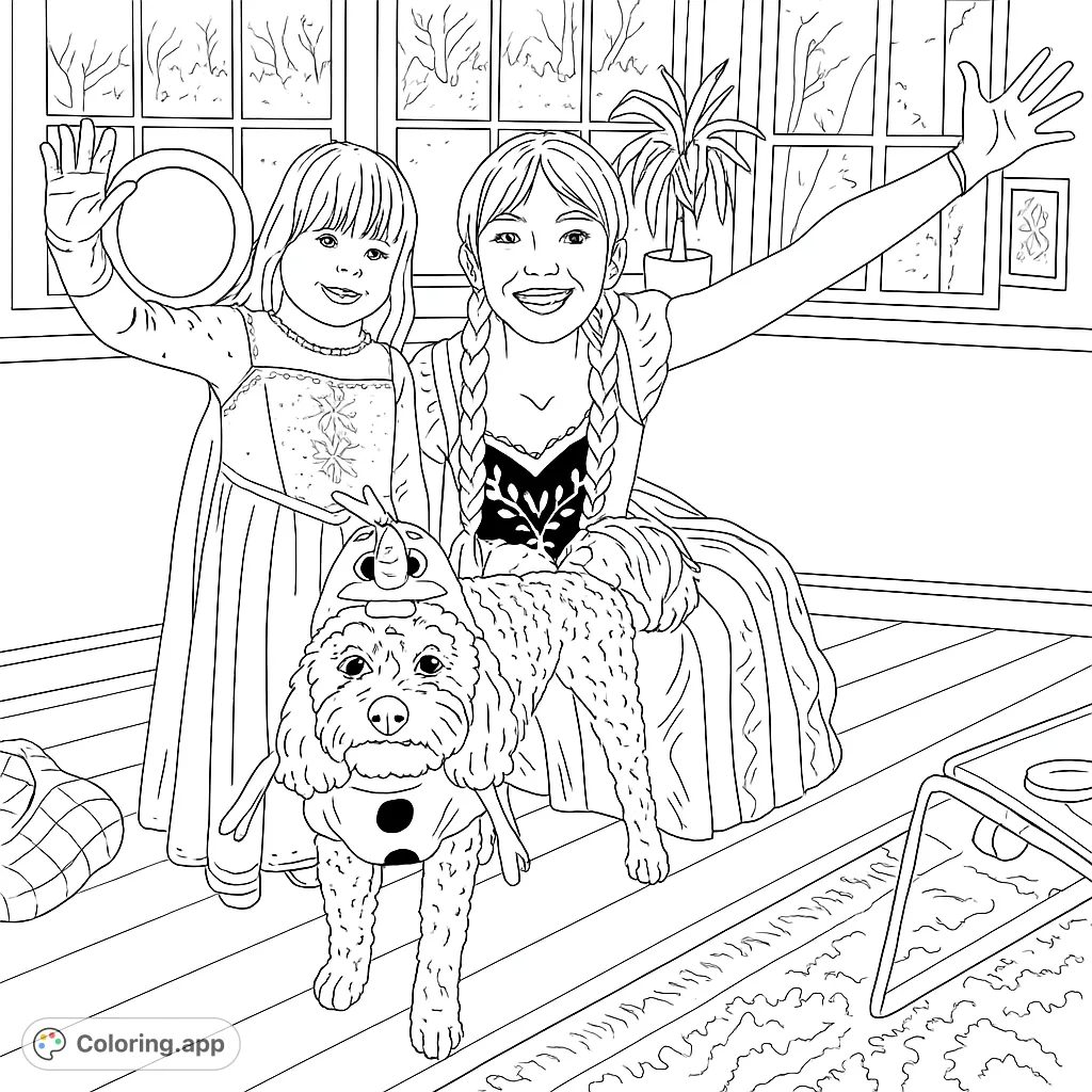 Join two princesses and their adorable dog dressed as a snowman for a magical coloring adventure! Perfect for fans of winter tales and playful pets.