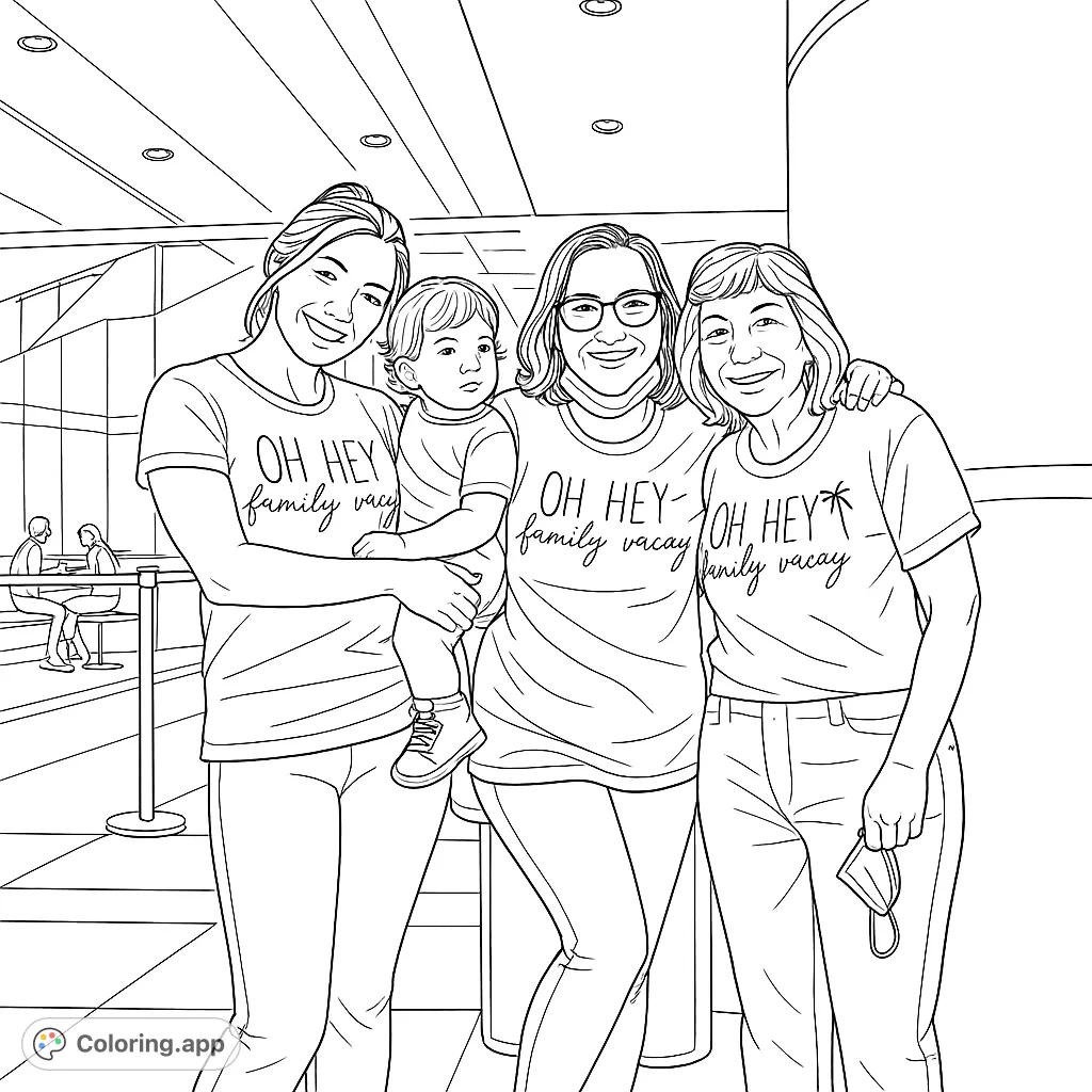 A joyful family group, including a baby, ready for vacation, perfect for a family coloring page. Capture the excitement of travel!
