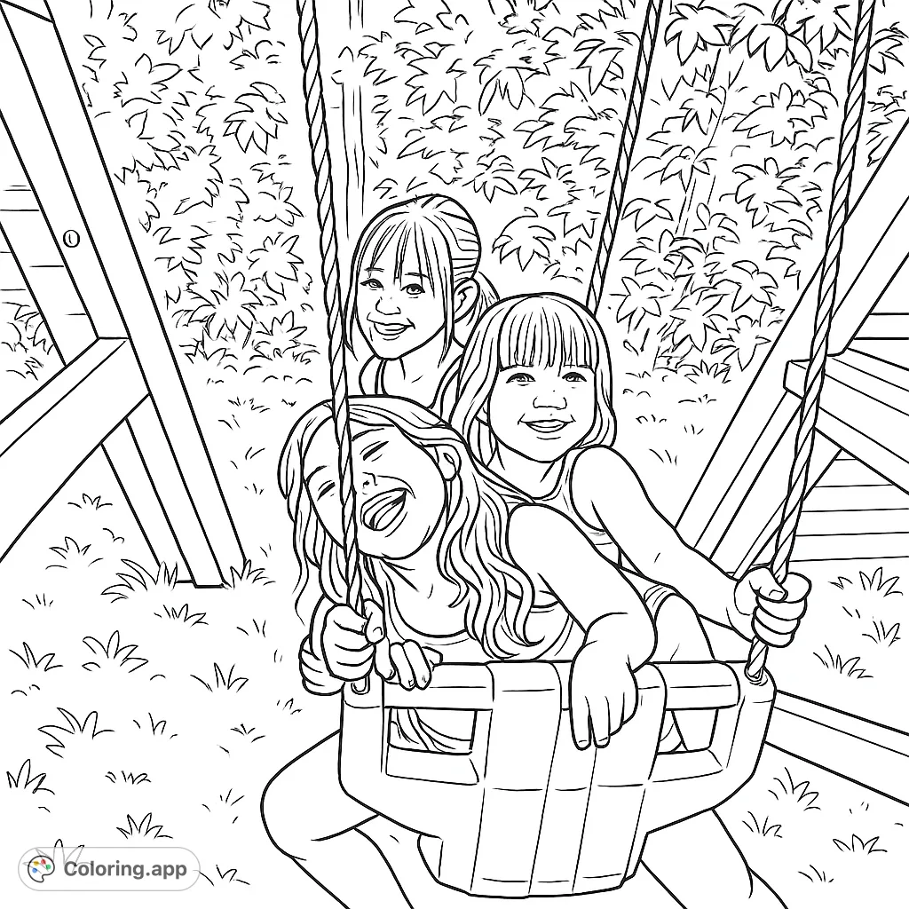 Three joyful girls on a swing set, captured mid-play. A delightful scene of childhood fun, perfect for a free printable coloring page.
