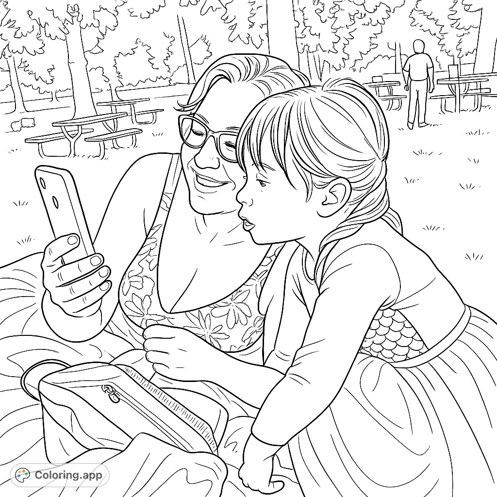 A heartwarming scene of a grandma and child sharing a moment with a phone outdoors. Perfect for family-themed coloring fun.