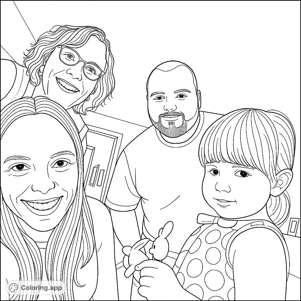 Capture joy with this family portrait coloring page featuring four smiling individuals, including a young girl with her toy. Perfect for all ages.