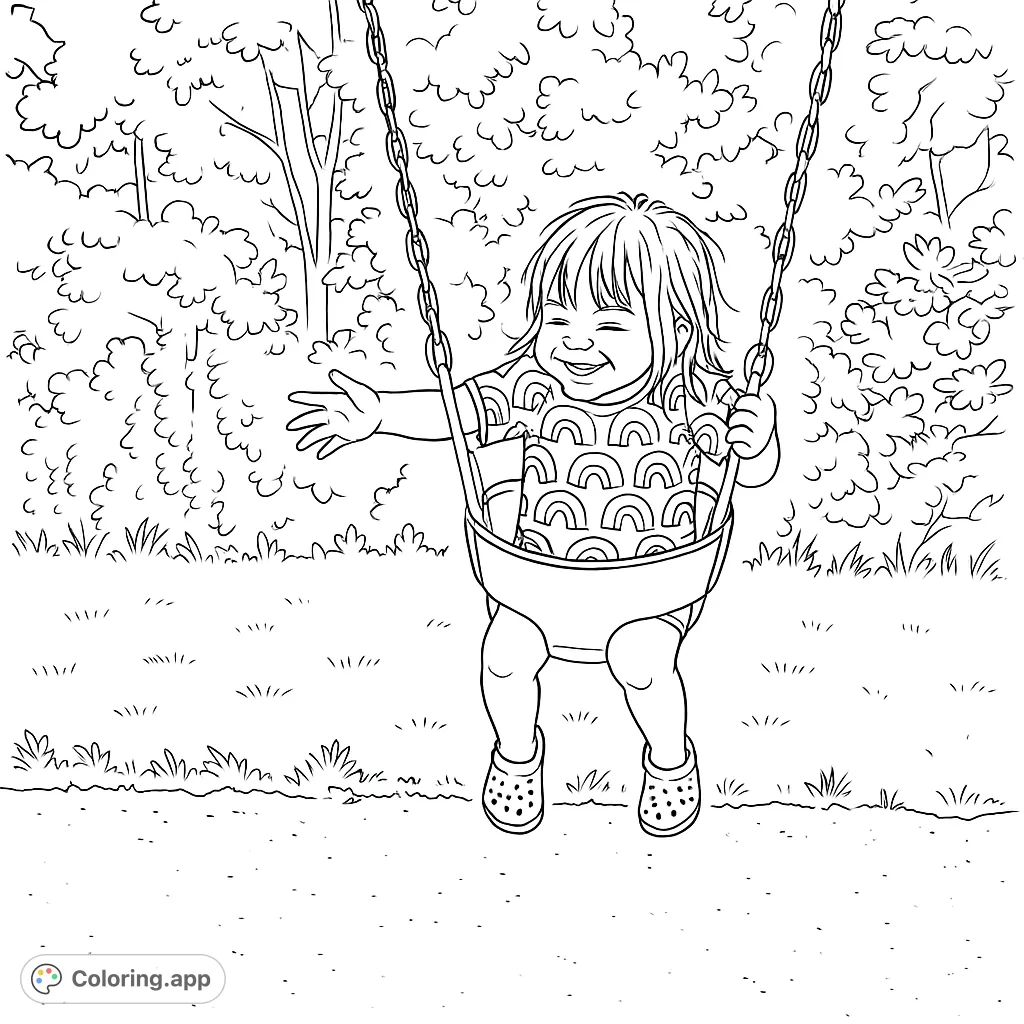 A happy child swings joyfully outdoors, featuring a detailed rainbow pattern on their romper and a natural background. Perfect for a fun coloring adventure!