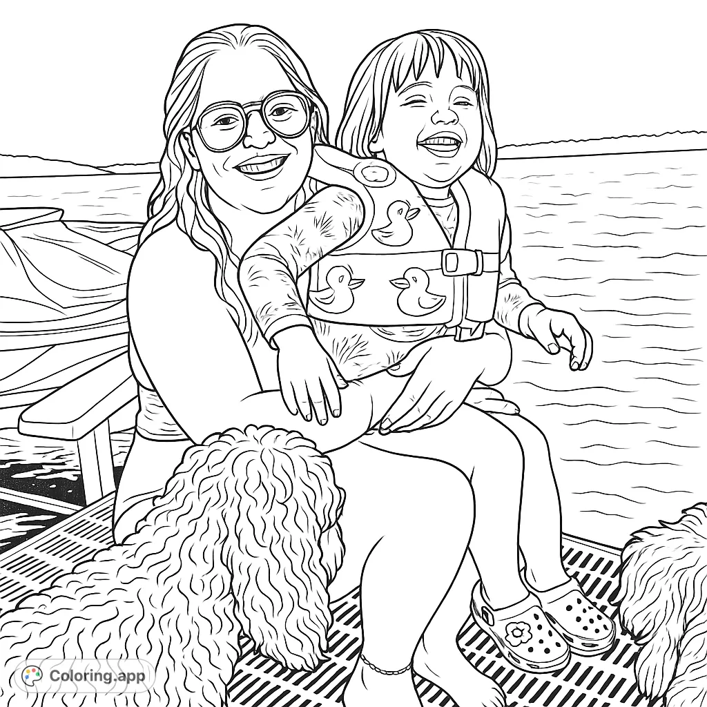 A heartwarming family lake day featuring a woman holding a smiling child in a life vest, with playful dogs nearby. Perfect for a relaxing coloring session.