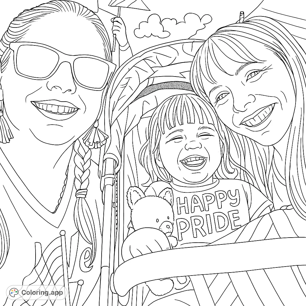 A heartwarming family portrait at a vibrant parade, featuring two adults and a happy child with rainbow accessories and flags.