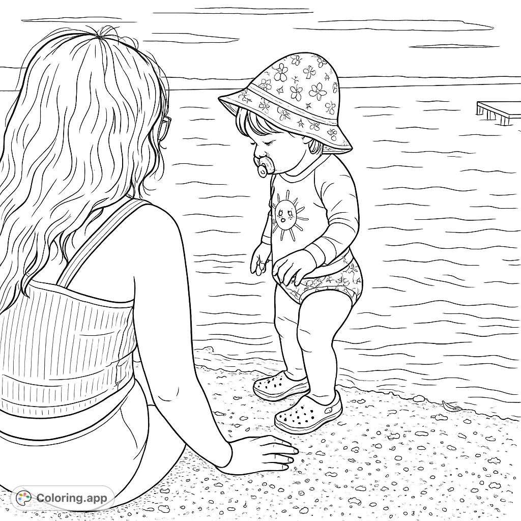 A heartwarming lakeside scene featuring an adult and a toddler exploring the water's edge. Perfect for family-themed coloring.