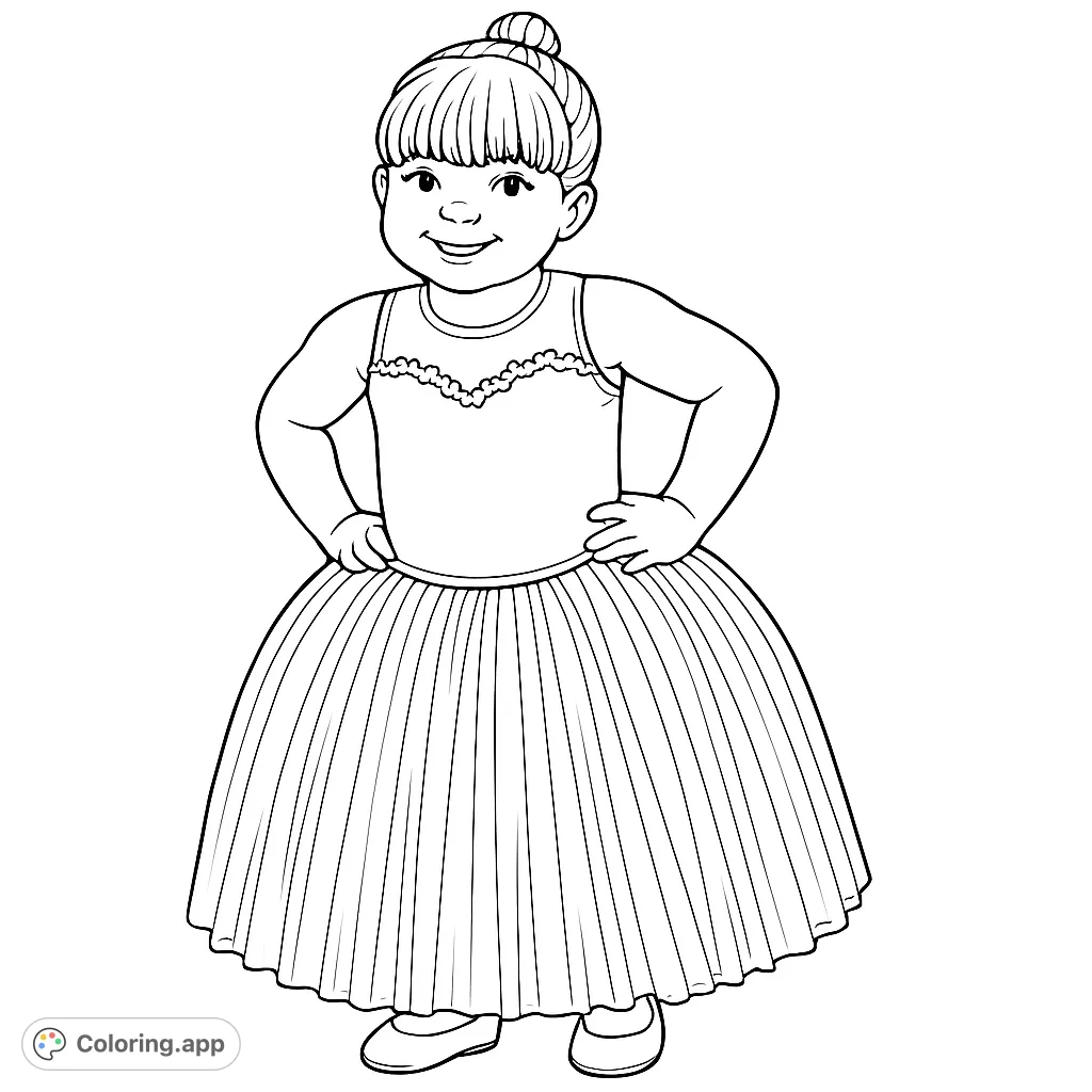 A charming ballerina coloring page featuring a young girl in a beautiful tutu dress, perfect for aspiring dancers and creative fun.