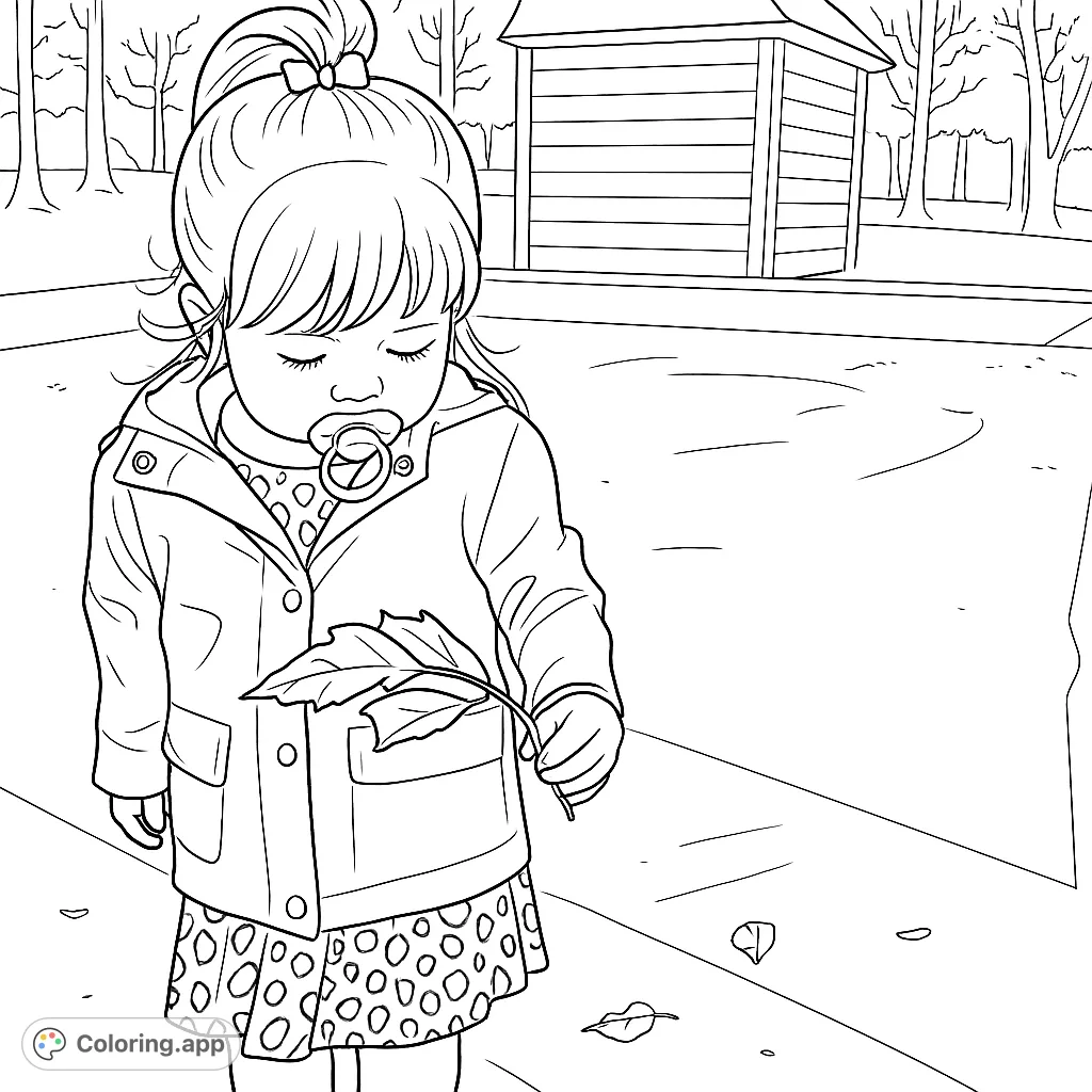 A sweet toddler in a raincoat holds an autumn leaf in an empty pool, ready for creative coloring. Perfect for kids and adults.