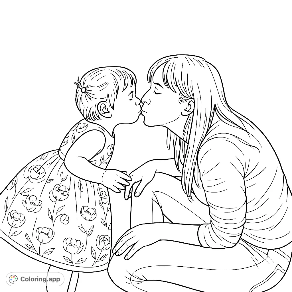 Capture a tender moment: a mother and child sharing a loving kiss. Features a floral dress and a plain background, perfect for a heartwarming coloring experience.