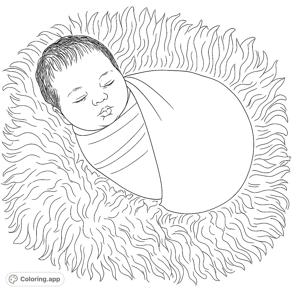 A peaceful newborn baby, swaddled in a cozy blanket, sleeping soundly on a soft, fluffy rug. Perfect for a calming coloring experience.