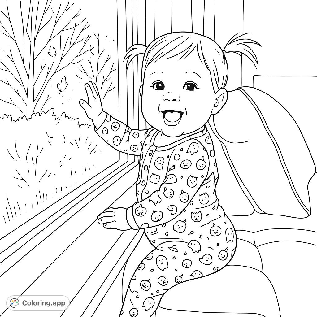 A delightful baby in a Halloween outfit waves from a window, bringing joy to this autumn scene. Perfect for a cute baby coloring page.