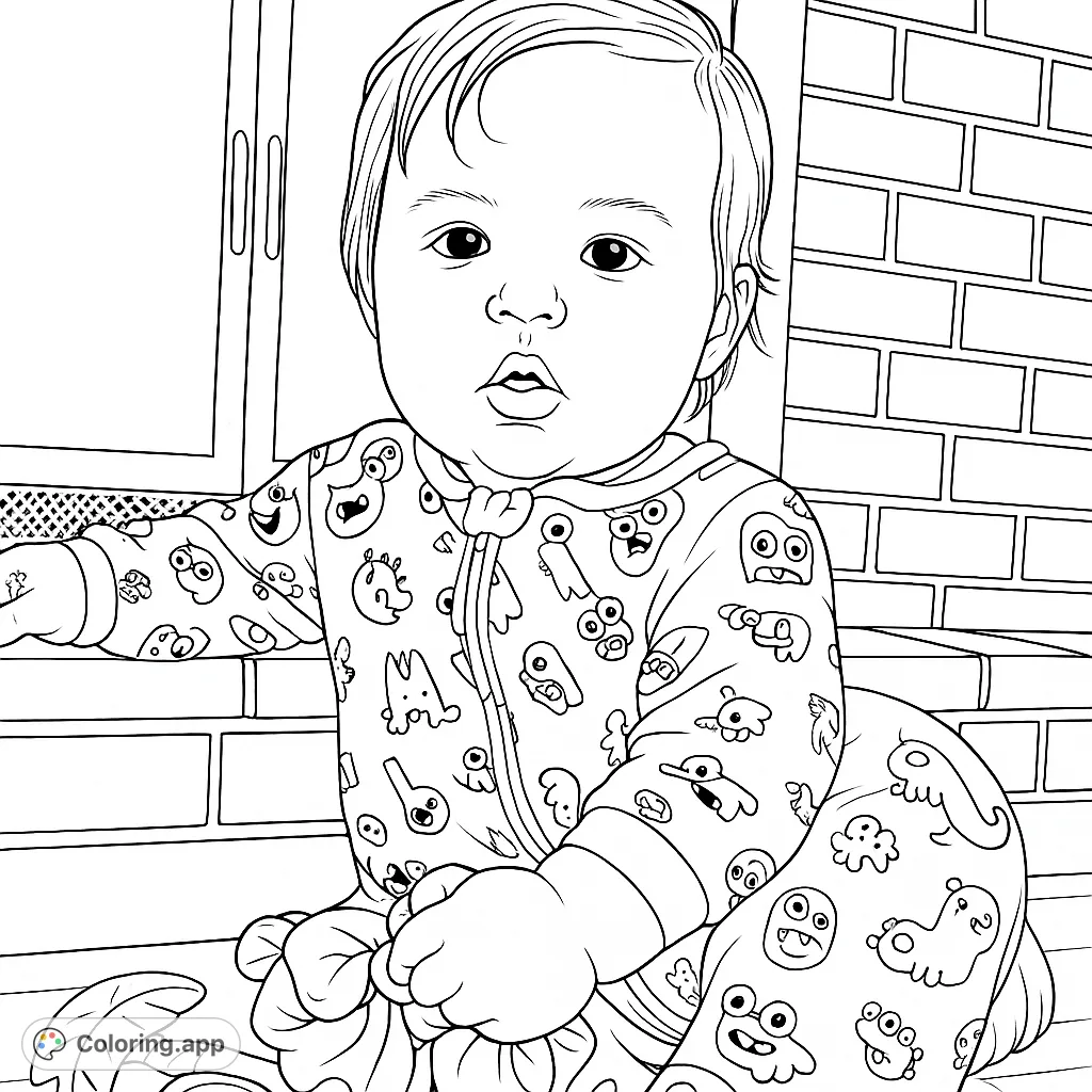 An adorable baby in patterned pajamas, sitting on the floor, ready for a fun coloring adventure. Perfect for little ones and parents alike!