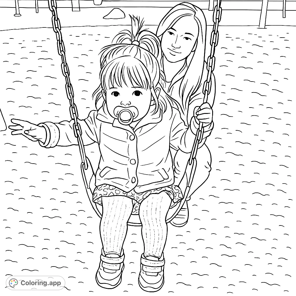 A delightful toddler on a swing, wearing a jacket and patterned tights, with a pacifier, ready for a fun coloring adventure.