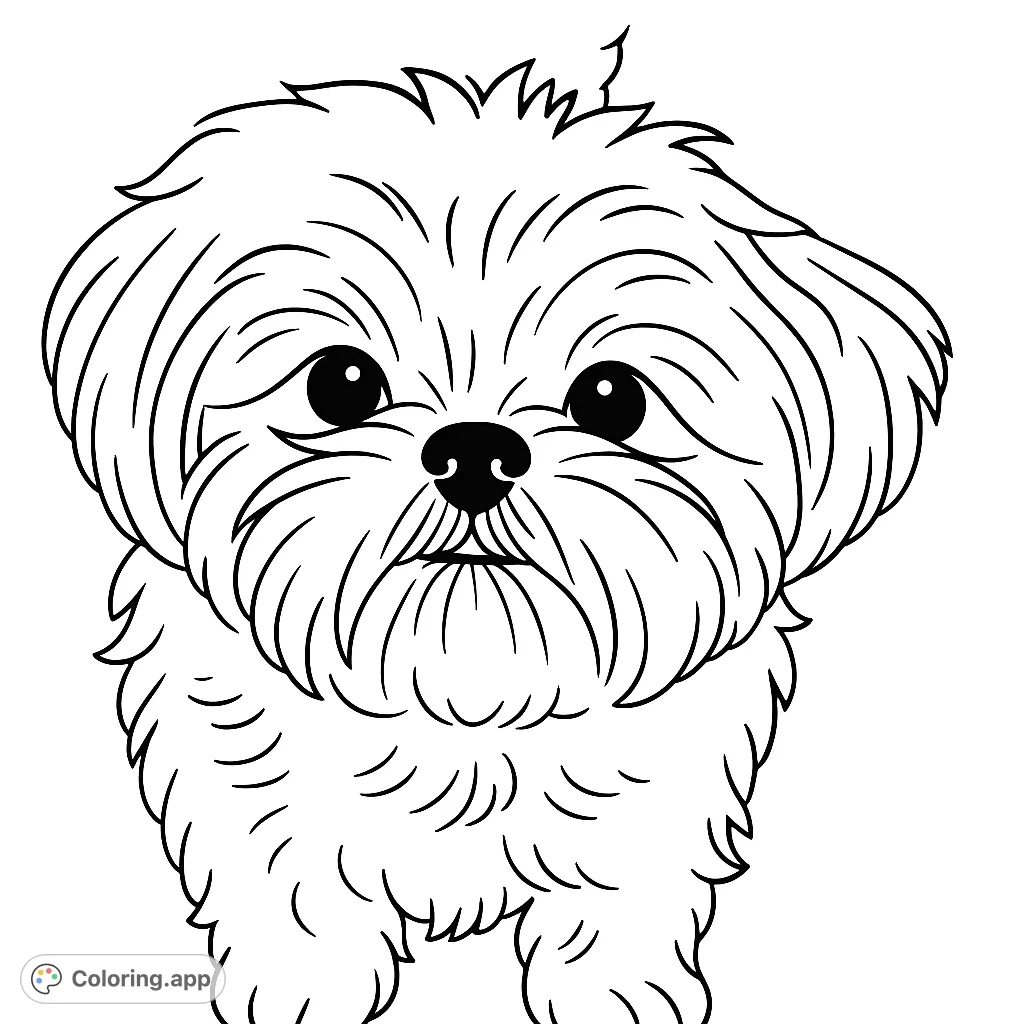 An adorable fluffy puppy with big eyes, perfect for a cute dog coloring page. Free printable for all ages to enjoy this charming canine.