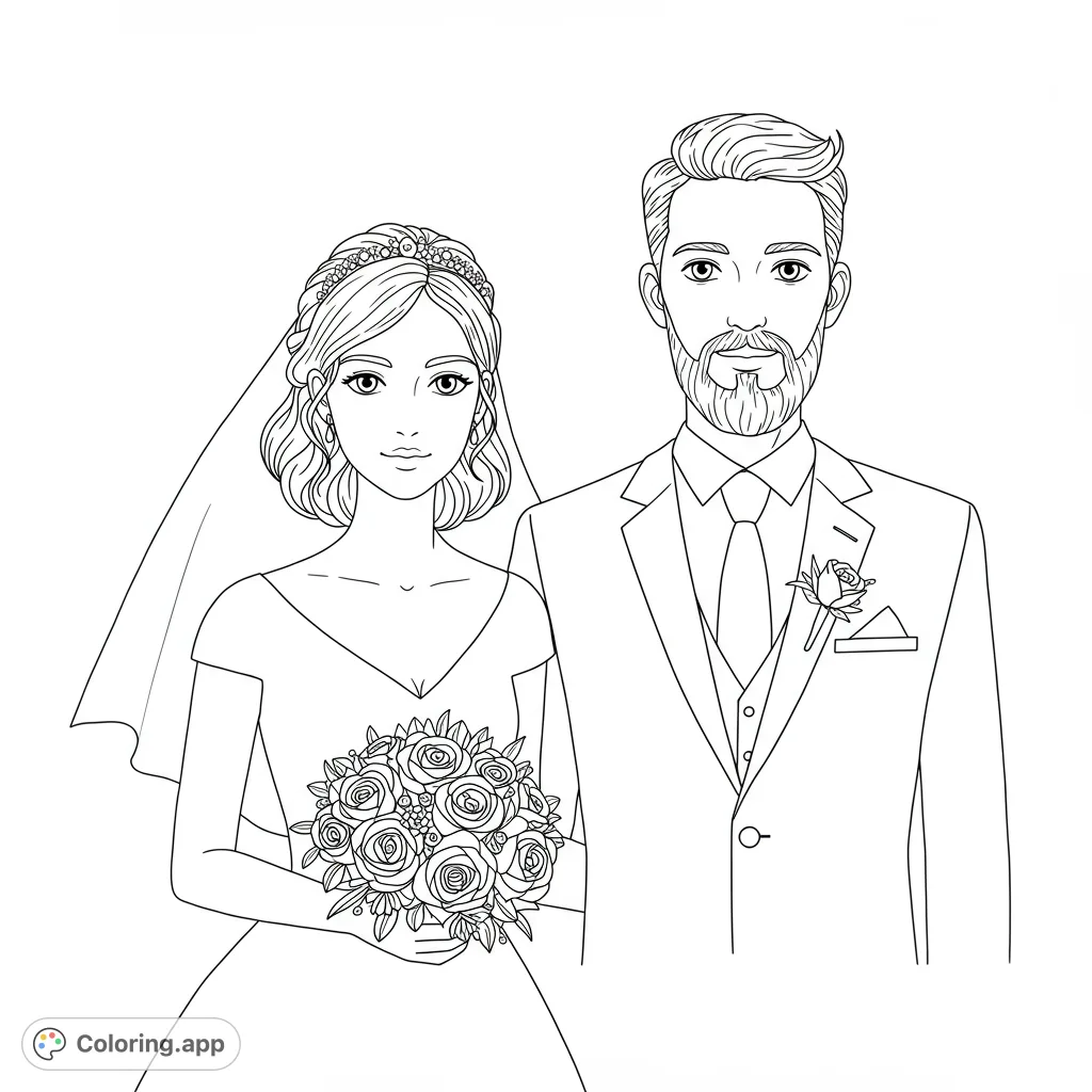 A beautiful wedding couple, bride in elegant gown with bouquet, groom in sharp suit. Perfect for celebrating love and special occasions.
