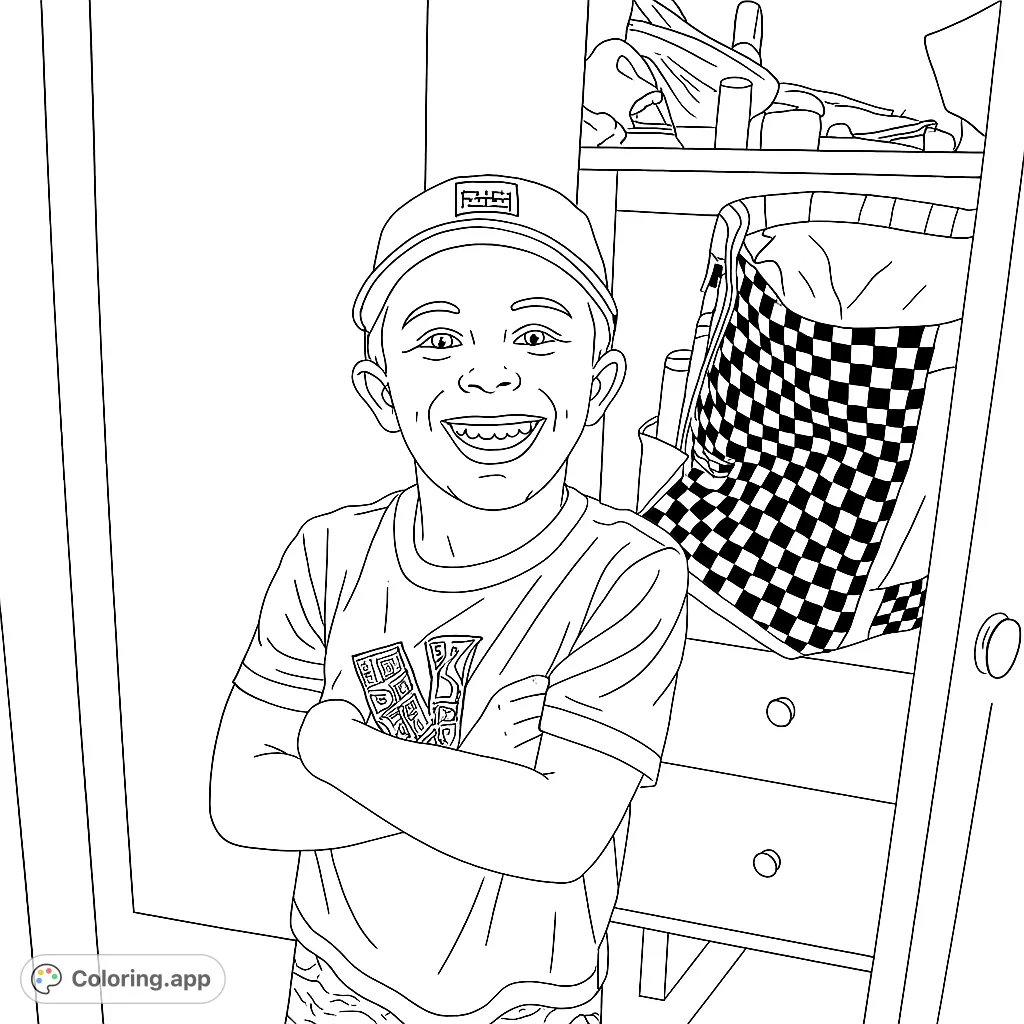 A cheerful boy with a wide smile and crossed arms stands in front of an open closet, featuring a checkerboard hamper. A fun, free printable coloring page.