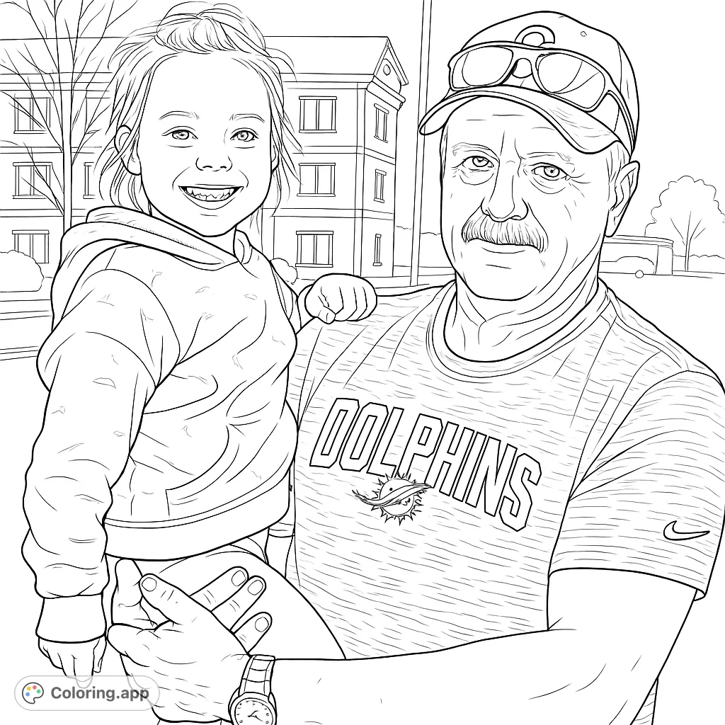 Heartwarming portrait of a grandfather holding his smiling granddaughter, set against a detailed urban background. Perfect for family-themed coloring.
