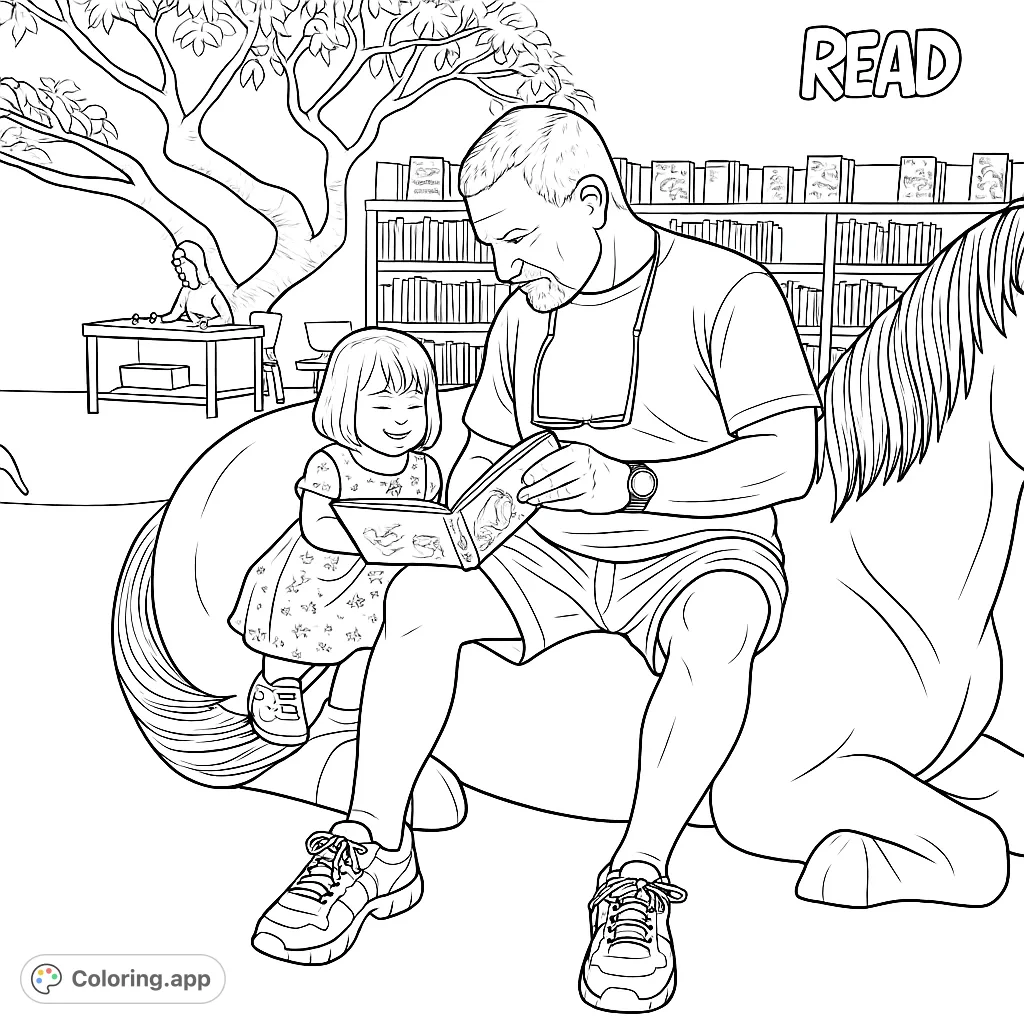 A heartwarming scene of a man reading to a child on a large horse figure in a library, surrounded by books and nature.