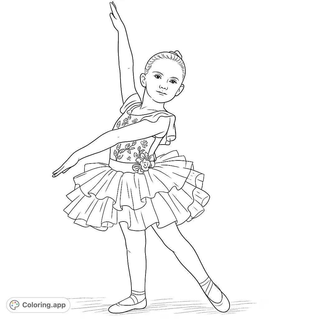 A beautiful ballerina in a detailed tutu, striking a graceful pose. Perfect for a ballet coloring page, free printable coloring page for kids.