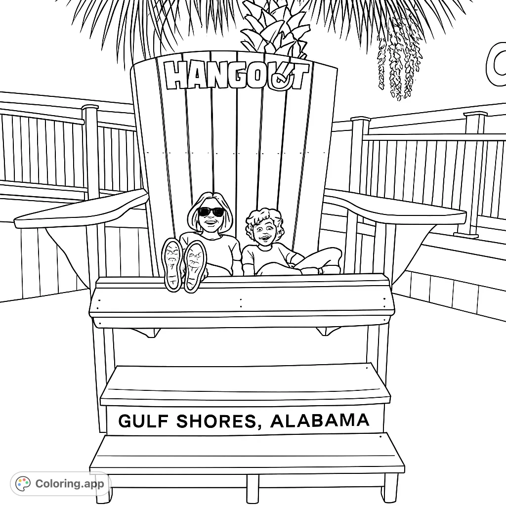 A joyful scene of two people relaxing on a giant Adirondack chair under a palm tree, perfect for a fun coastal coloring page.