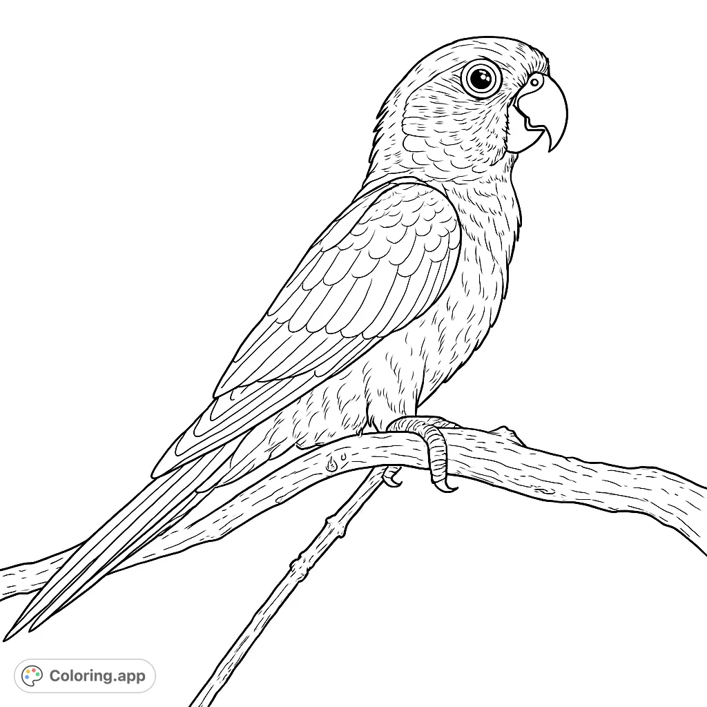 A detailed parrot perched on a textured branch, ready for vibrant colors. Perfect for bird lovers and nature enthusiasts to bring to life.