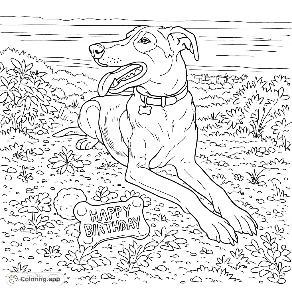 A heartwarming dog coloring page featuring a happy canine with a "Happy Birthday" bone, set in a charming outdoor scene. Perfect for pet lovers!