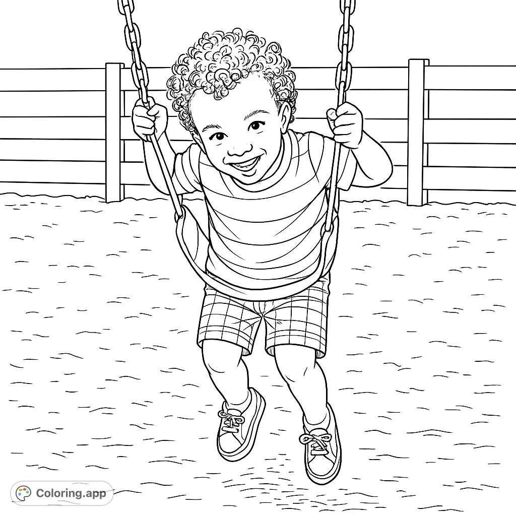 A joyful child swings high, smiling brightly, with a playful background of a fence and foliage. Perfect for a fun, free printable coloring page.