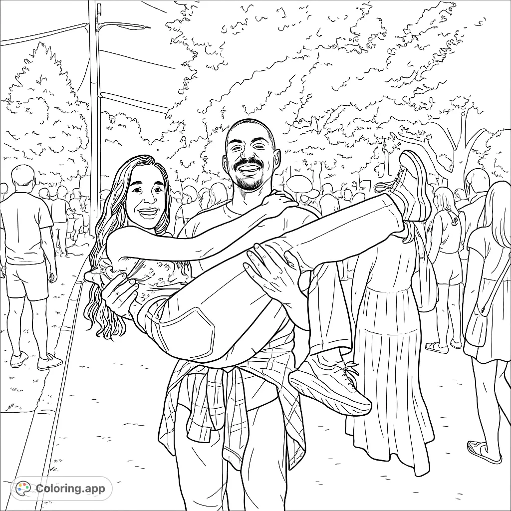 Capture a moment of pure joy with a couple embracing in a lively crowd. A heartwarming scene perfect for expressing love and happiness.
