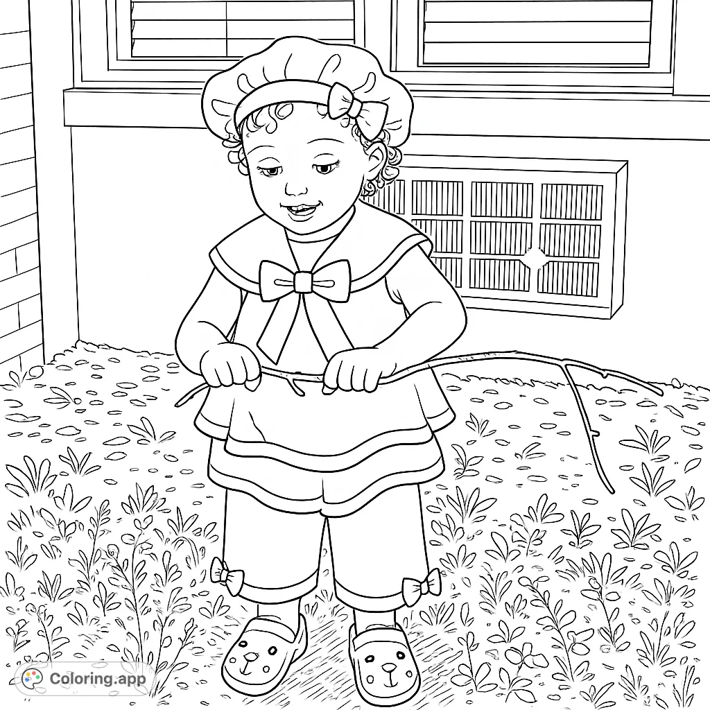 Adorable child in sailor outfit explores outdoors with a stick. A charming free printable coloring page for kids and adults.