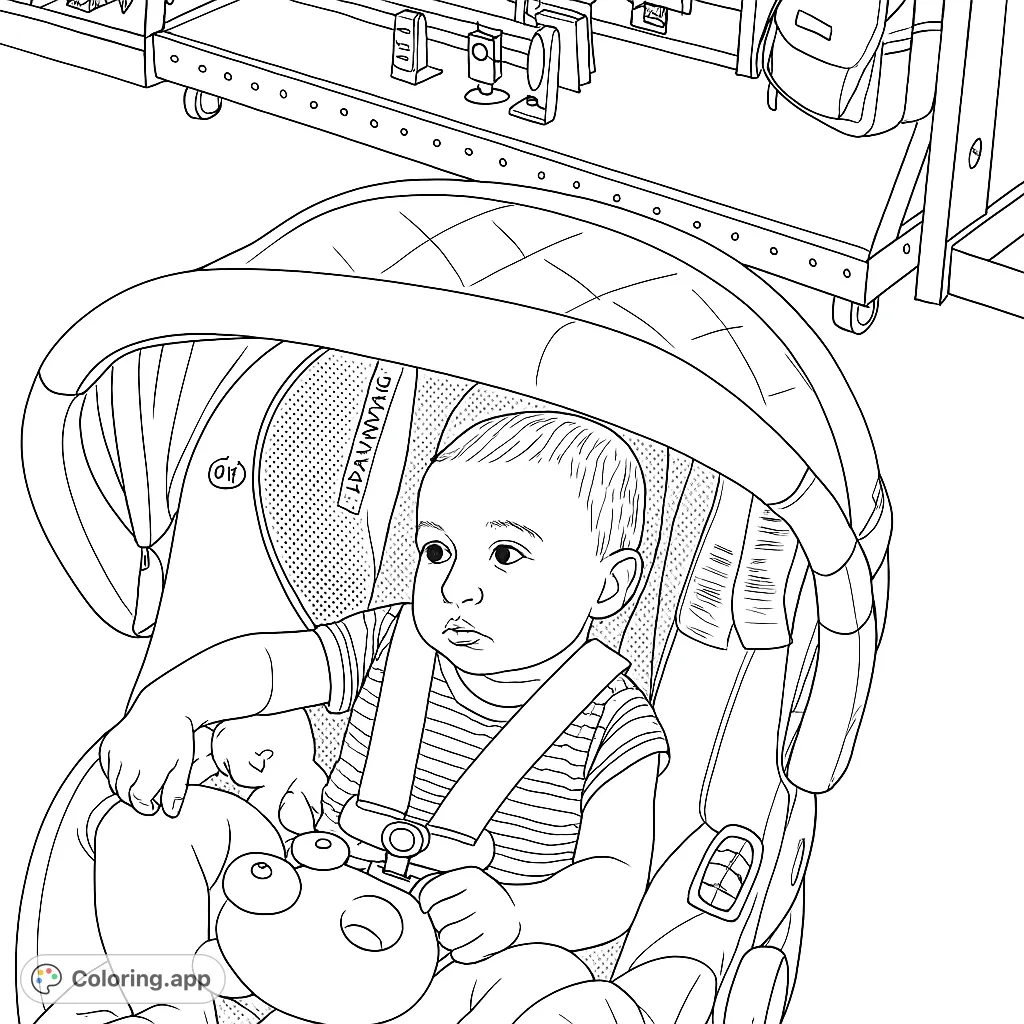 Adorable baby in a car seat, holding toys, ready for an adventure. Perfect for a heartwarming coloring experience. Free printable baby coloring page.
