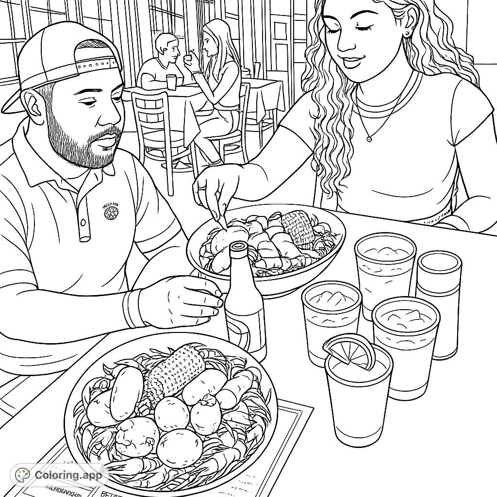 Enjoy a lively restaurant dining coloring page featuring a couple enjoying a seafood boil. Perfect for foodies and social scene enthusiasts.