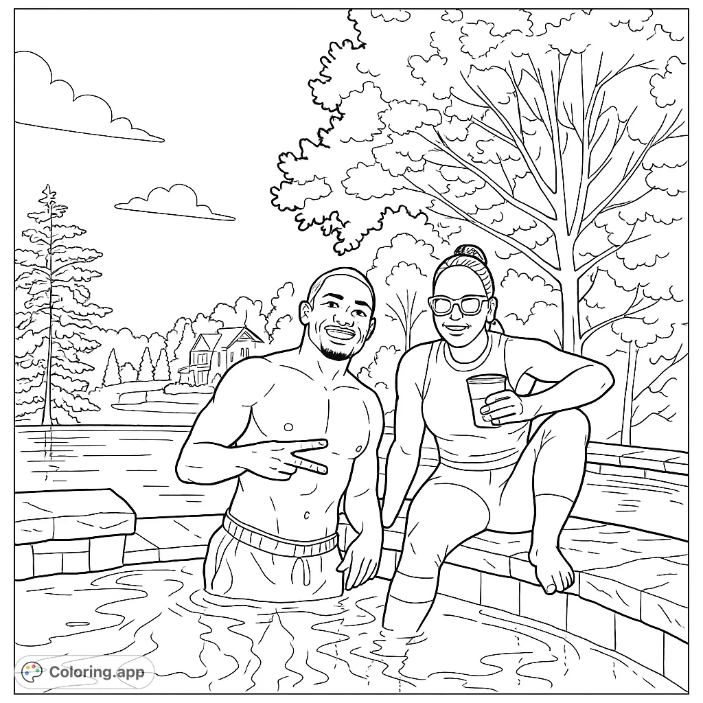 A happy couple relaxes by a pool or hot tub, enjoying a sunny day outdoors. Perfect for a summer fun coloring page.
