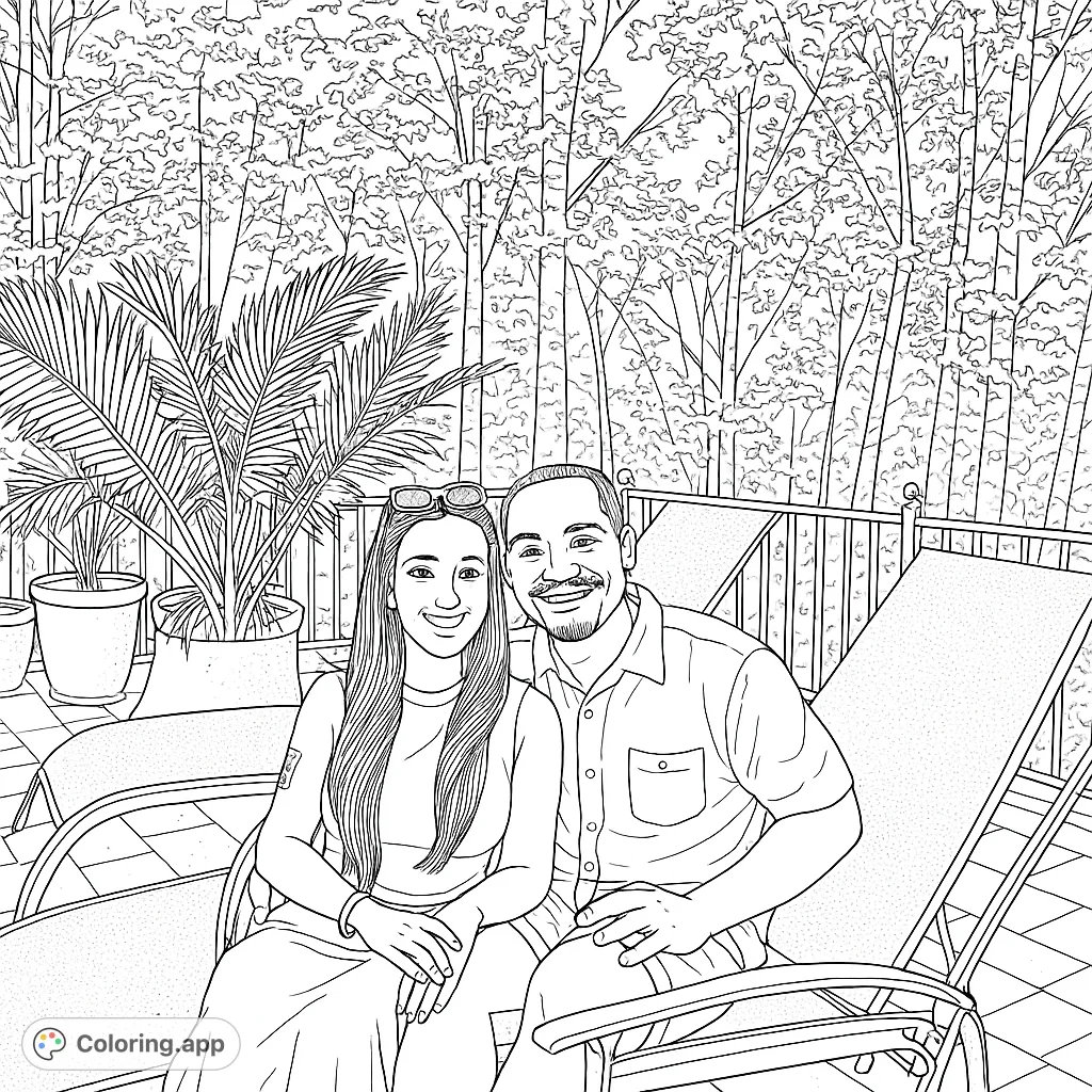 A happy couple relaxes on a patio with a lush palm plant and a forest backdrop. A perfect free printable coloring page for adults.