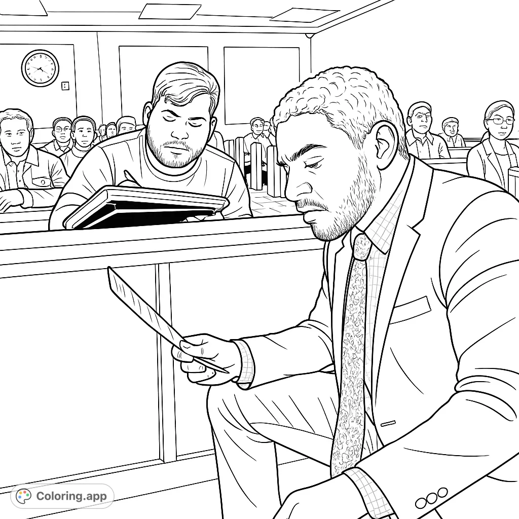 Immerse yourself in this detailed courtroom coloring page, featuring a lawyer and a note-taker. A free printable coloring page for adults and teens.