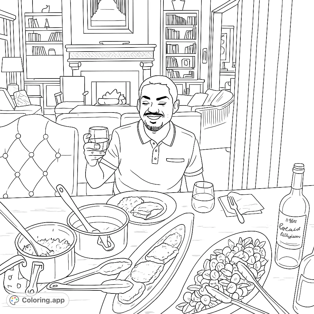 Man enjoying a festive dinner with a table full of food in a cozy living room setting. Perfect for a relaxing coloring experience.