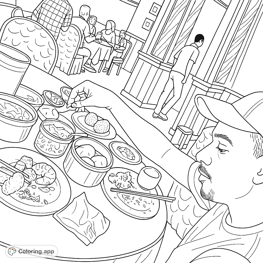 Immerse yourself in a bustling dim sum restaurant scene. A detailed free printable coloring page featuring delicious food and lively diners, perfect for all ages.