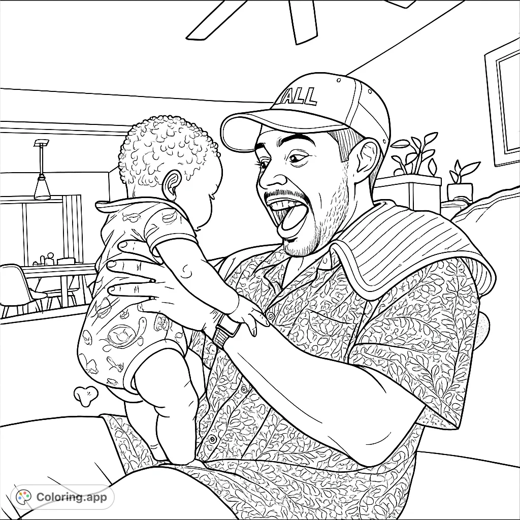 A heartwarming family coloring page featuring a joyful father holding his baby, perfect for celebrating family bonds and creating cherished memories.