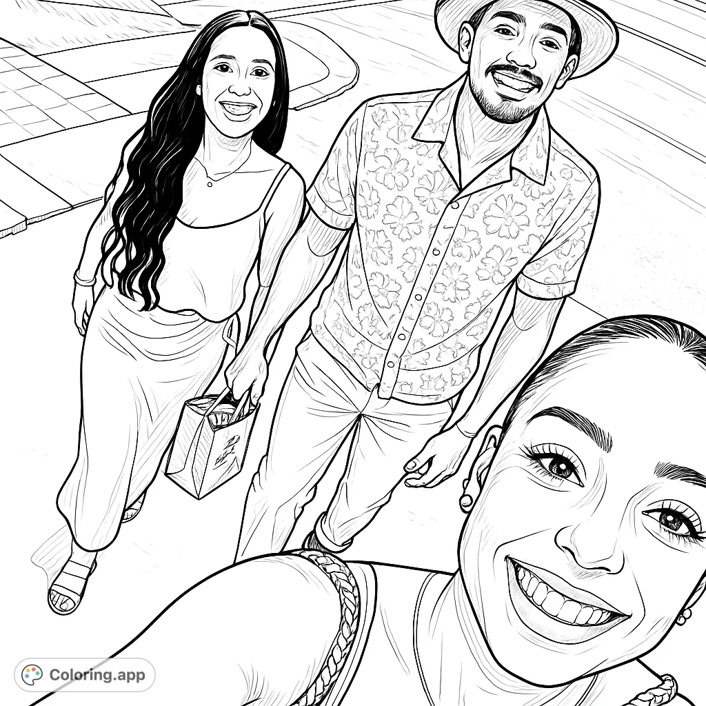 Capture a joyful selfie moment with three smiling friends. This free printable coloring page features detailed clothing and expressions for a fun coloring experience.