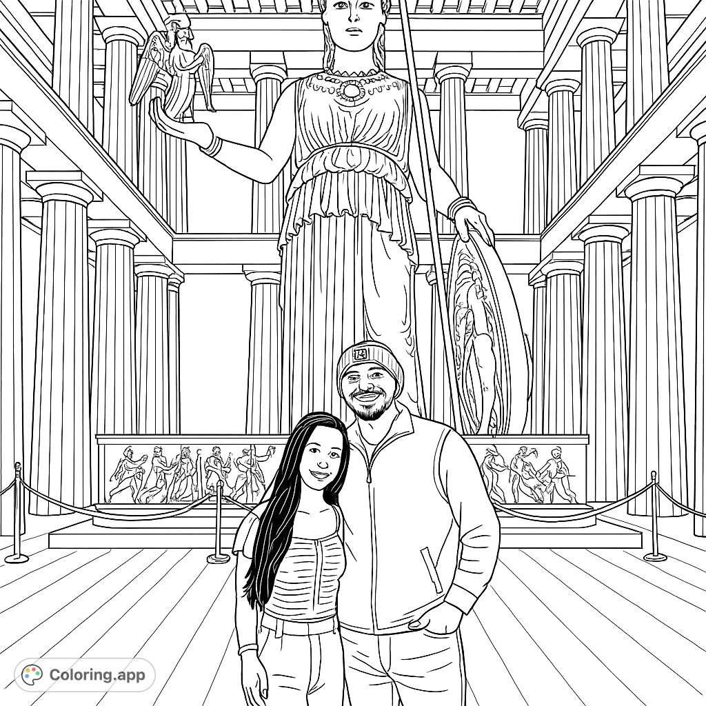 Color a couple posing before a colossal classical statue in a grand hall filled with towering columns. A detailed museum scene for history and art lovers.