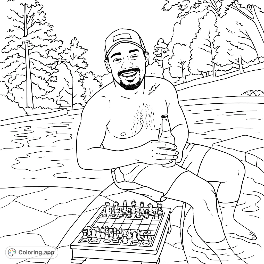 Enjoy a relaxing summer fun coloring page featuring a man playing chess by the pool. A free printable coloring page for adults and teens.