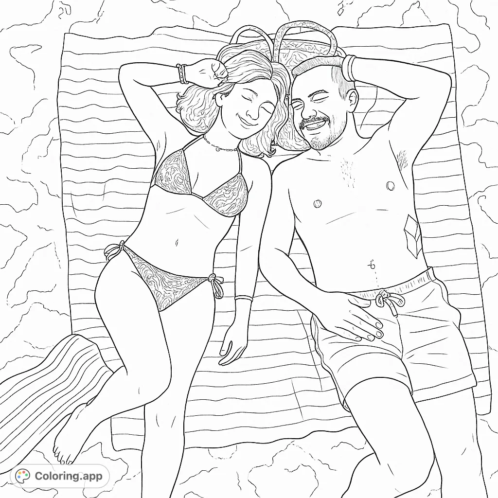 A serene beach day scene featuring a couple relaxing on a striped towel. Perfect for summer vibes and adding your favorite colors to their peaceful moment.