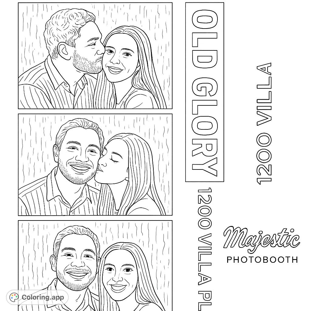 Capture love with this romantic couple coloring page featuring three framed portraits. A free printable coloring page for all ages to personalize.