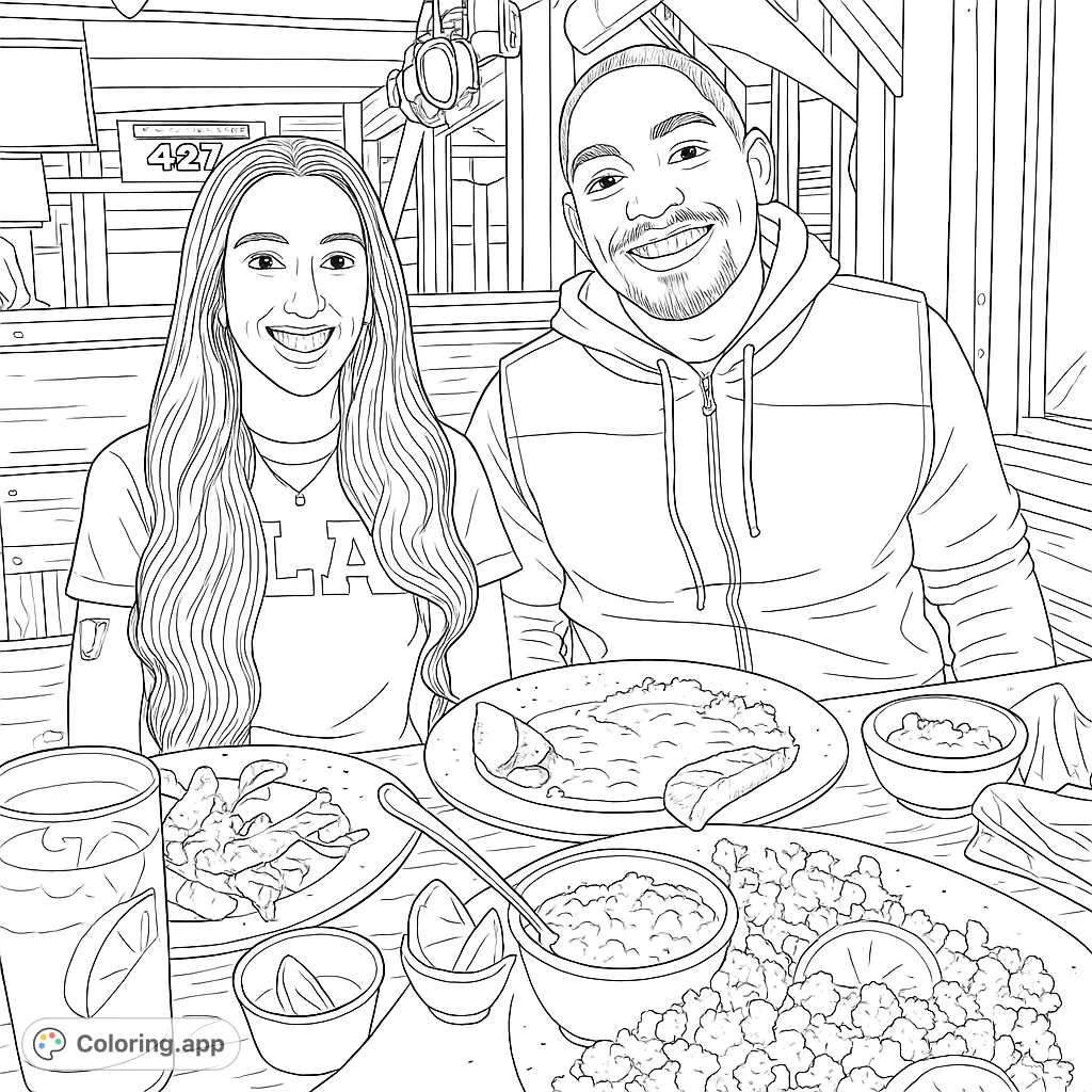 A delightful couple enjoys a meal at a restaurant, perfect for a relaxing coloring page. Features smiling faces, detailed food, and a cozy ambiance.